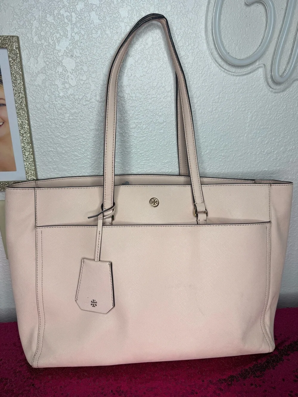 TORY BURCH 🤍 Pale Blush Pink Leather Large Shoulder Tote, Navy, Gold - 10x15”